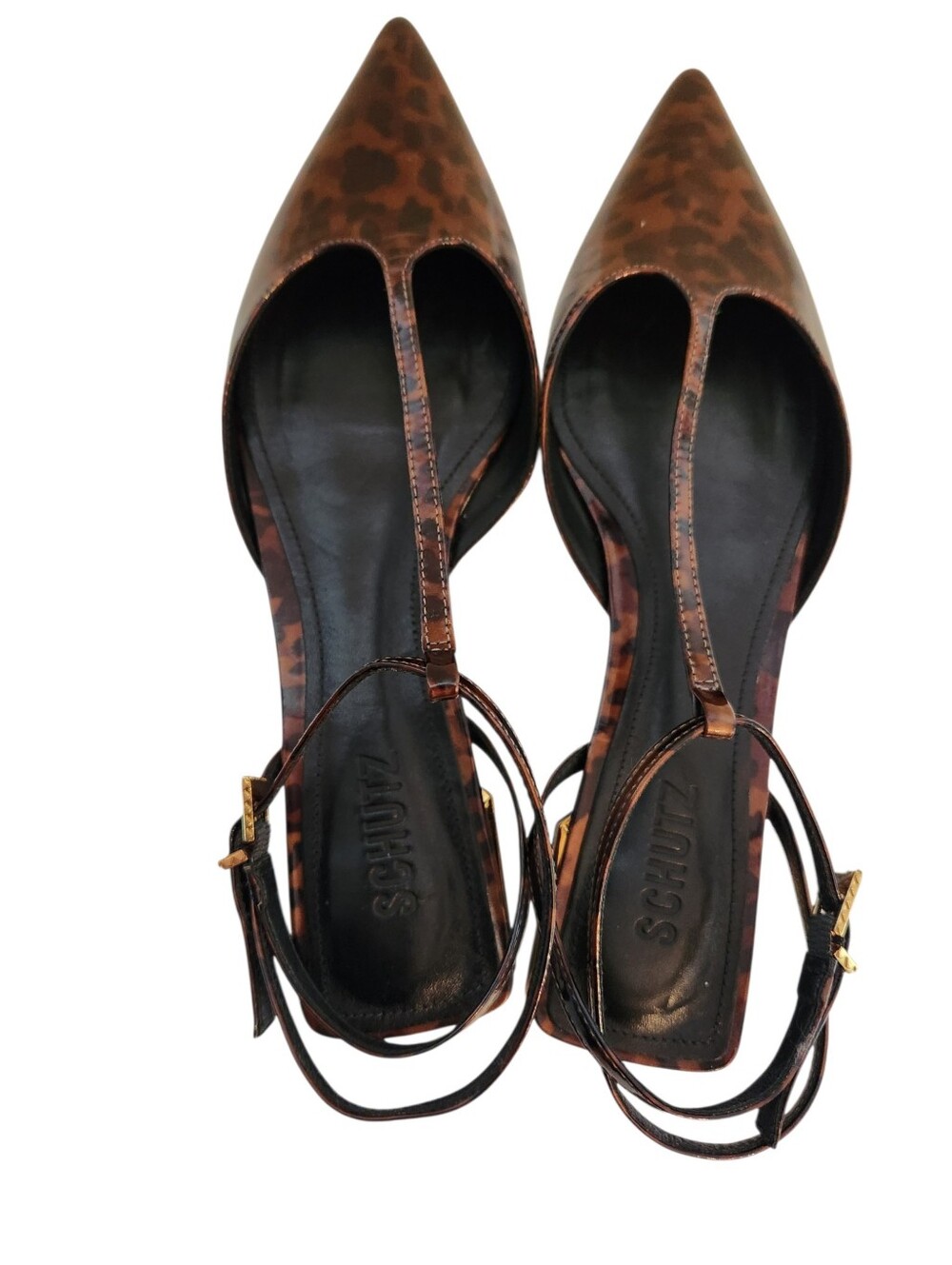 Schutz Allure Tortoiseshell Patent Leather T-Strap Flats Size 8B - Picture 7 of 10